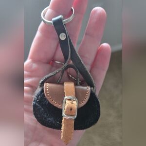 Mini Leather & Velvet Buckle Bag Key Chain - Black and Tan
